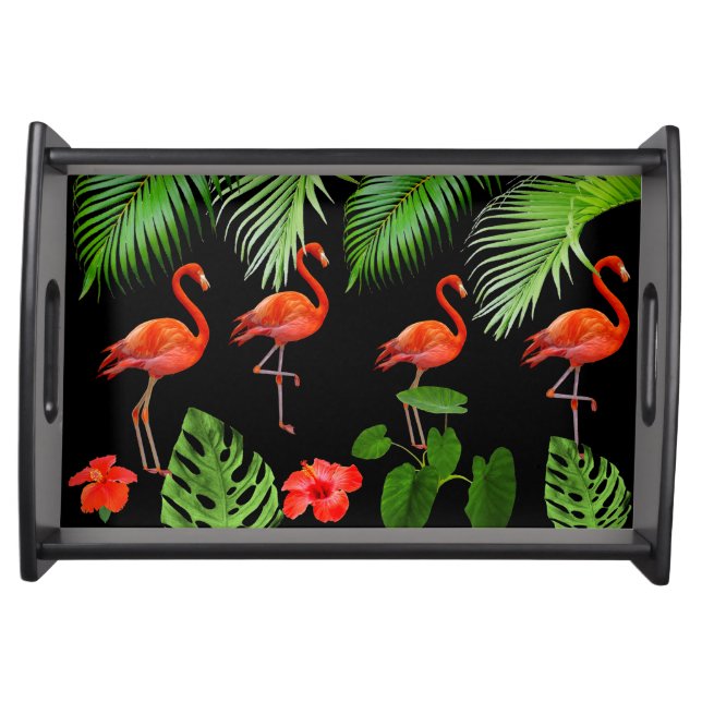 Red Flamingos & Palm Leaves on Black Serving Tray (Front)