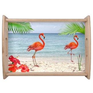 Red Flamingos & Palm Leaves on the Beach
