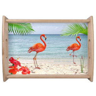 Red Flamingos & Palm Leaves on the Beach Serving Tray