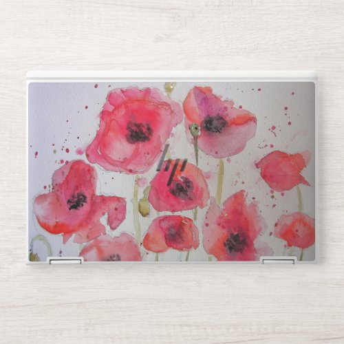 Red Flanders Field Poppy watercolor Floral Flowers HP Laptop Skin