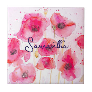 Red Flanders Poppy Flower Pattern Thank You Ceramic Tile