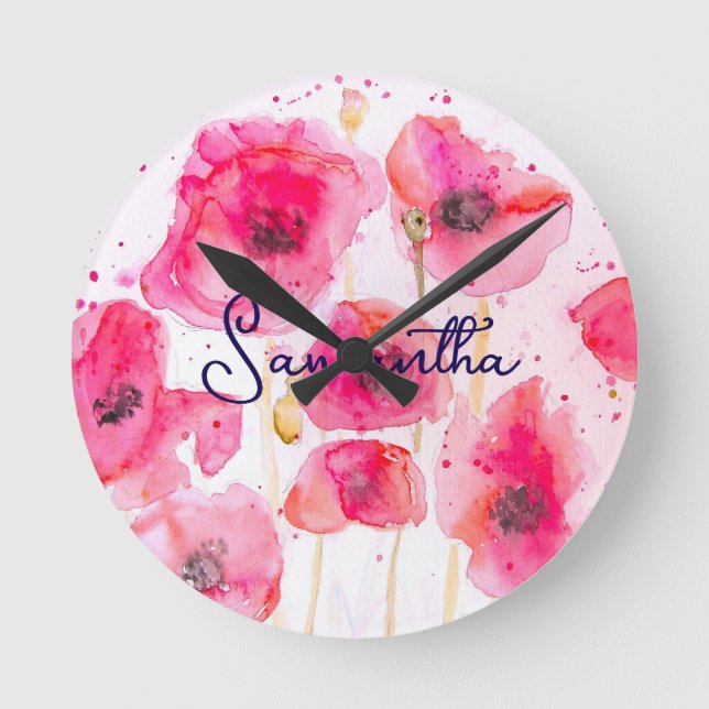 Red Flanders Poppy Flower Pattern Thank You Round Clock (Front)