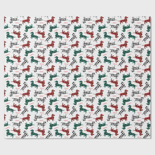 Red Flannel Dachshunds with Dog Names Wrapping Paper (Flat)