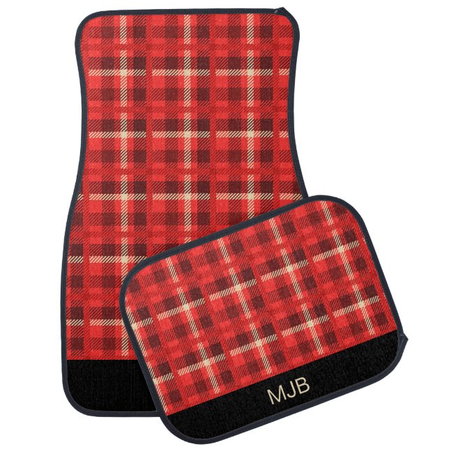Red Flannel Look Plaid Pattern with Monogram Car Mat (Set)