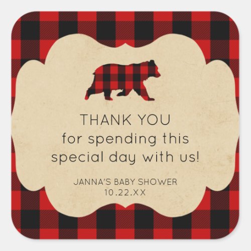 Red Flannel Plaid Bear thank you favor Square Sticker