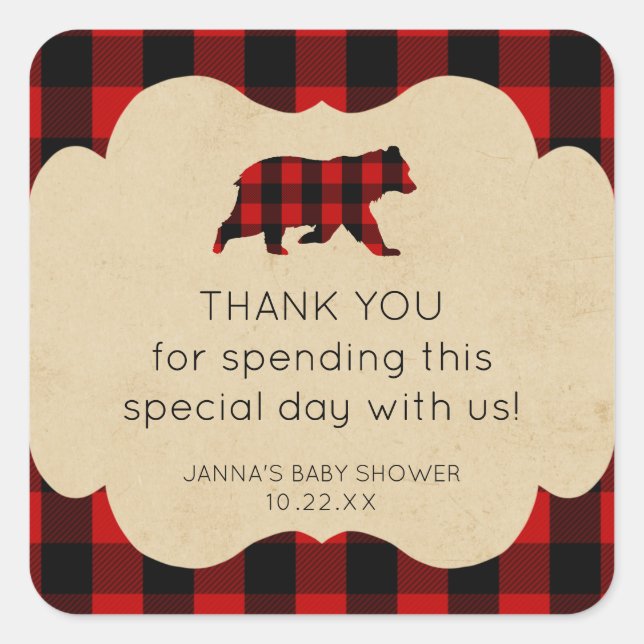 Red Flannel Plaid Bear thank you favor Square Sticker (Front)