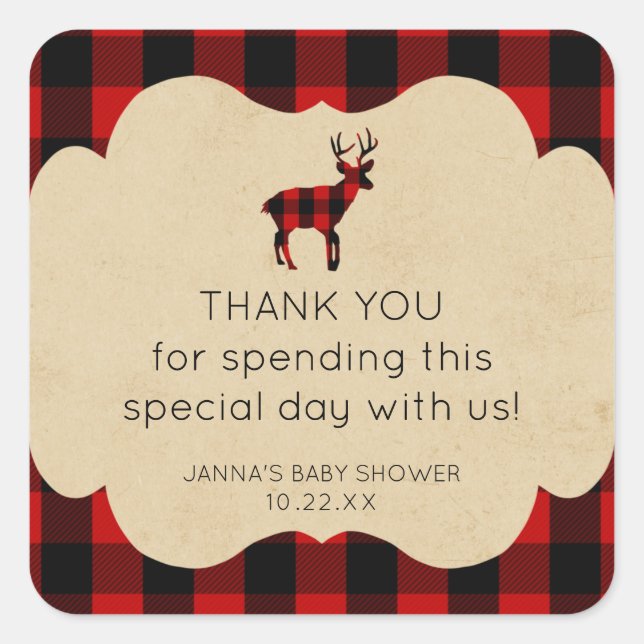 Red Flannel Plaid Buck thank you favor Square Sticker (Front)