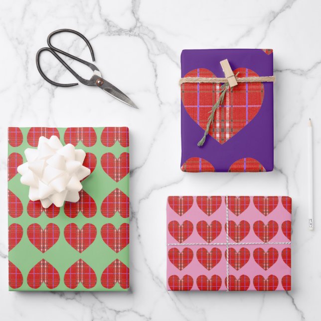 Red Flannel Plaid Heart Wrapping Paper Sheets (Front)