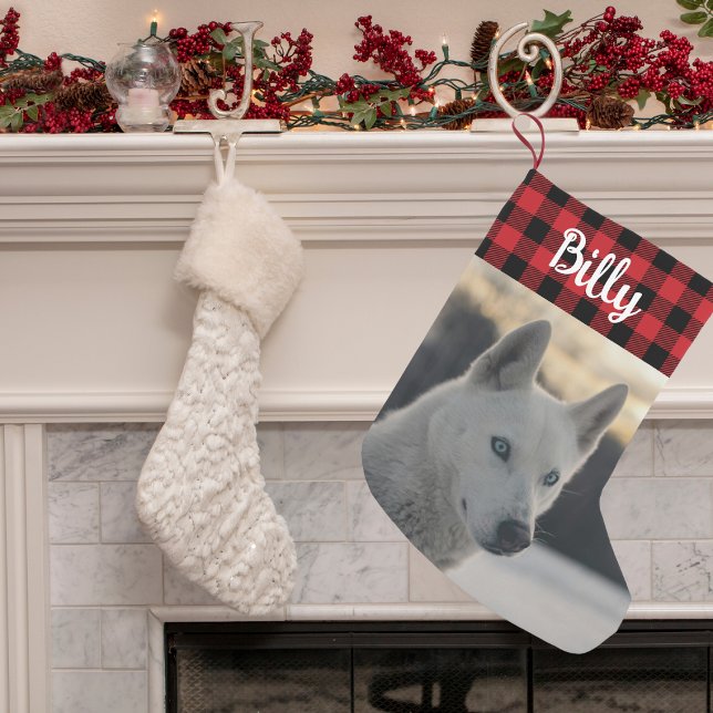 Red Flannel Plaid Rustic Pet Dog photo monogram    Small Christmas Stocking (Creator Uploaded)