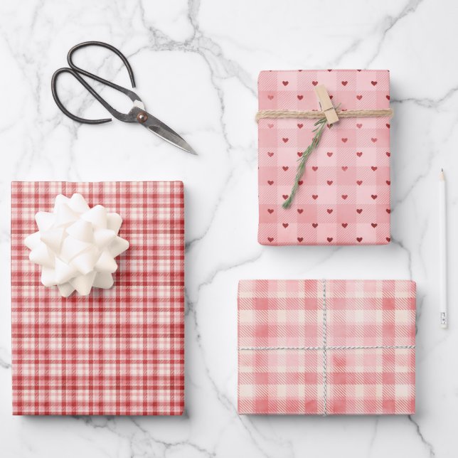 Red Flannel Plaid Valentine's Day Wrapping Paper Sheets (Front)