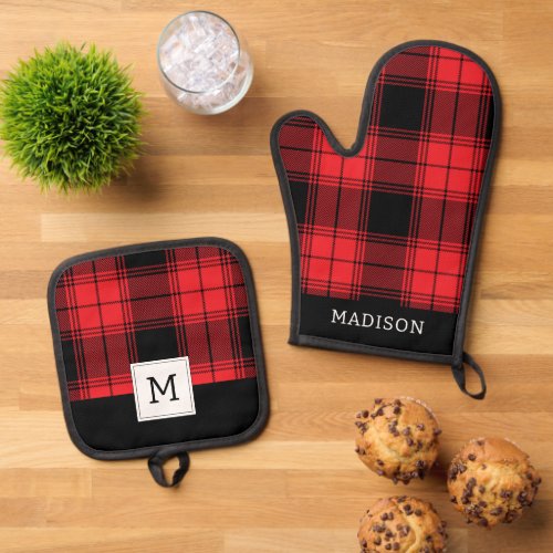 Red Flannel Tartan Pattern Oven Mitt  Pot Holder Set