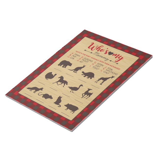 Red Flannel Who's My Mommy Baby Animal Shower Game Notepad (Angled)
