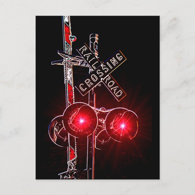 Red Flashing Neon Railroad Crossing Signals Postcard (Front)
