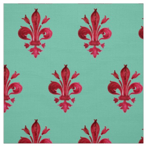 RED FLEUR DE LIS IN GREEN Floral Pattern Fabric