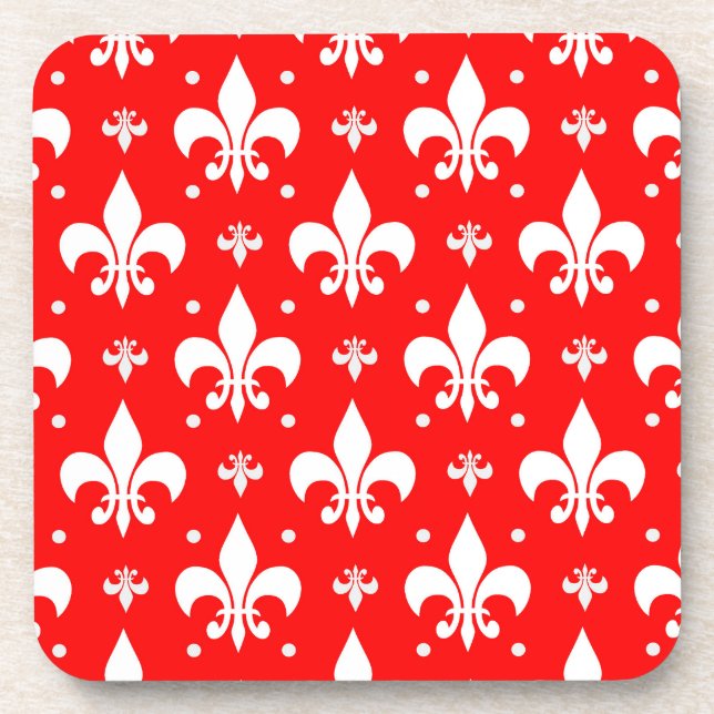 Red Fleur-de-lis Pattern Design  Beverage Coaster (Front)