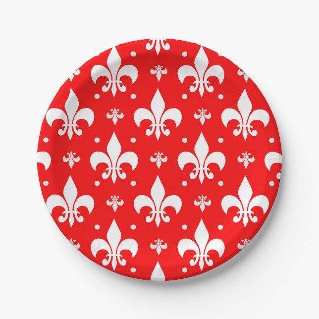 Red Fleur-de-lis Pattern Design  Paper Plates (Front)