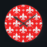 Red Fleur-de-lis Pattern Design Round Clock<br><div class="desc">Red and White Decorative Classic French Heraldic Royal Symbol Seamless Repeat Pattern Design</div>