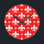 Red Fleur-de-lis Pattern Design  Round Clock<br><div class="desc">Red and White Decorative Classic French Heraldic Royal Symbol Seamless Repeat Pattern Design</div>