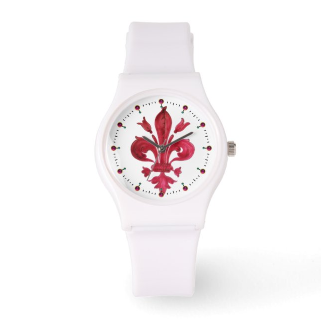 RED FLEUR DE LISE IN WHITE  Floral Heraldic Watch (Front)
