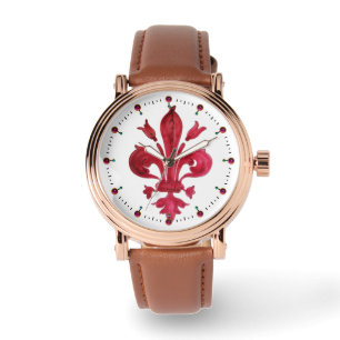 RED FLEUR DE LISE IN WHITE Floral Heraldic Watch