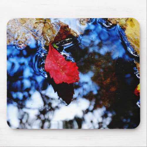 Red floating fall leaf with reflection of blue sky mouse pad
