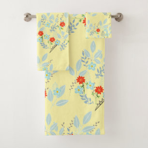 Red Flora Foliage Pastel Yellow Bath Towel Set