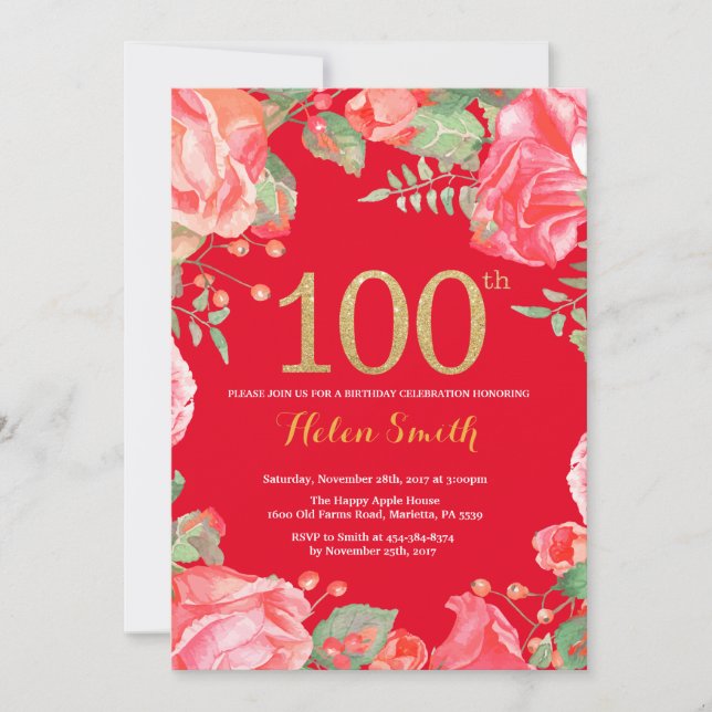 Red Floral 100th Birthday Gold Glitter and Red Invitation (Front)