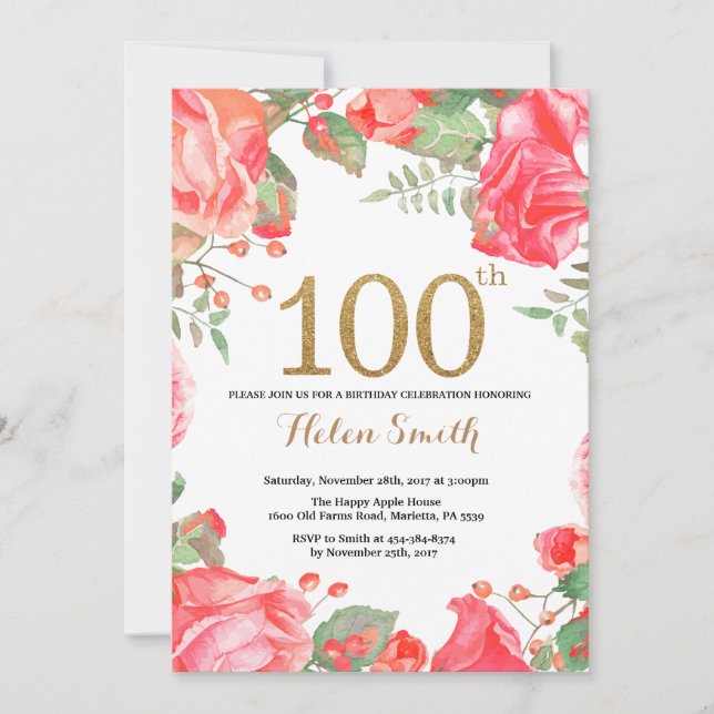 Red Floral 100th Birthday Invitation Gold Glitter (Front)