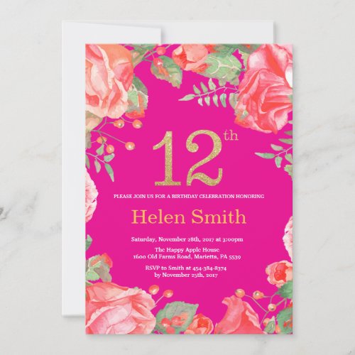 Red Floral 12th Birthday Gold Glitter and Hot Pink Invitation