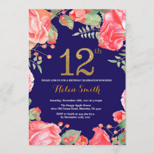 Red Floral 12th Birthday Invitation Gold Glitter