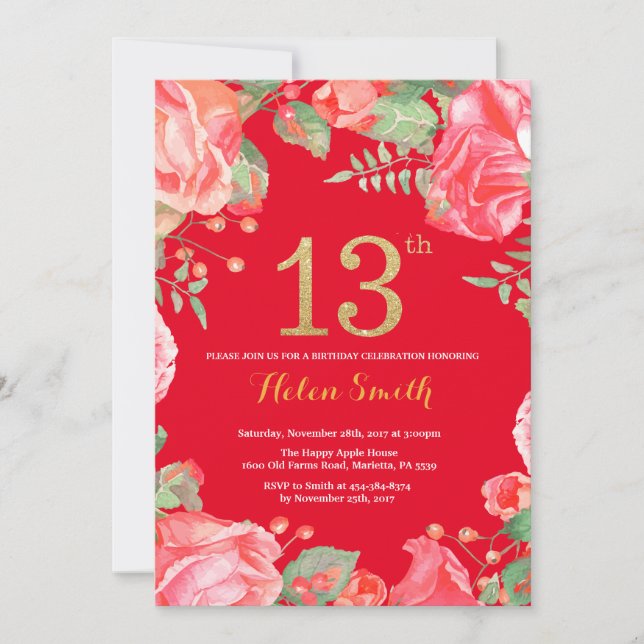 Red Floral 13th Birthday Gold Glitter and Red Invitation (Front)