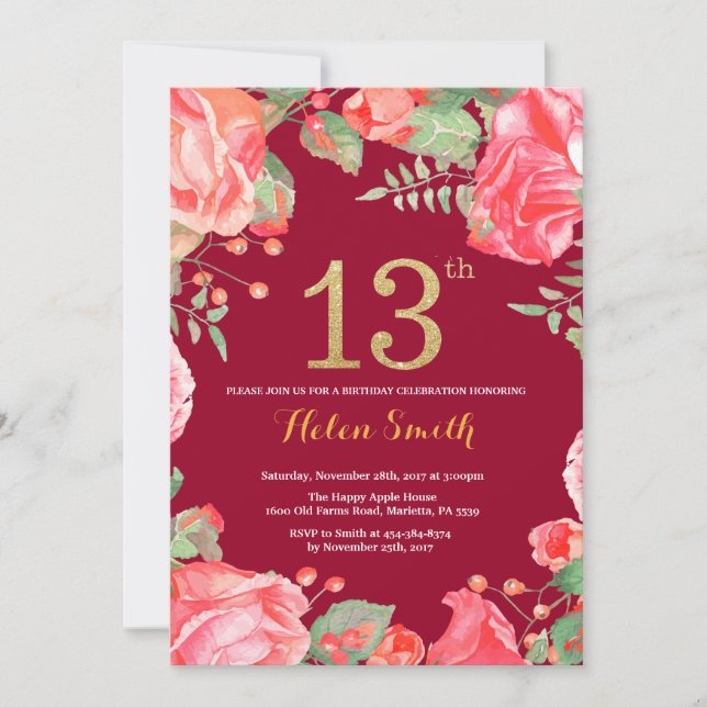 Red Floral 13th Birthday Gold Glitter Burgundy Red Invitation (Front)