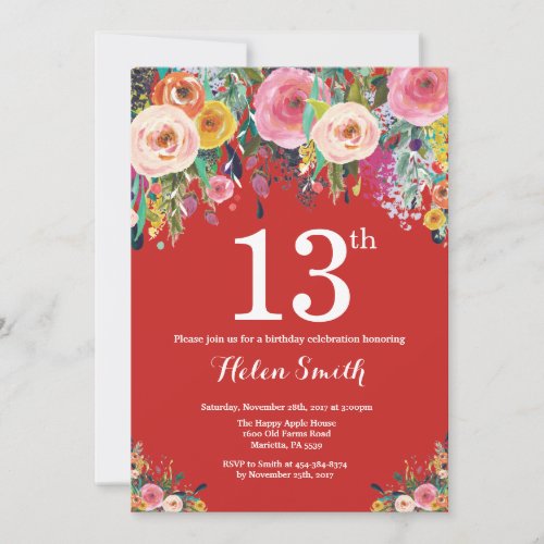 Red Floral 13th Birthday Invitation
