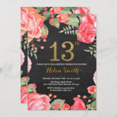 Red Floral 13th Birthday Invitation Gold Glitter (Front/Back)
