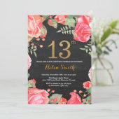 Red Floral 13th Birthday Invitation Gold Glitter (Standing Front)