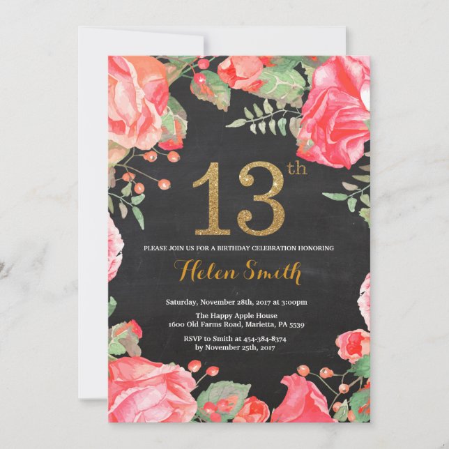 Red Floral 13th Birthday Invitation Gold Glitter (Front)