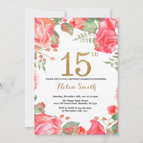 Red Floral 15th Birthday Invitation Gold Glitter