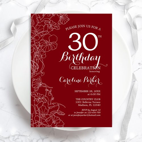 Red Floral 30th Birthday Party Invitation