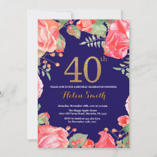 Red Floral 40th Birthday Gold Glitter Navy Blue Invitation