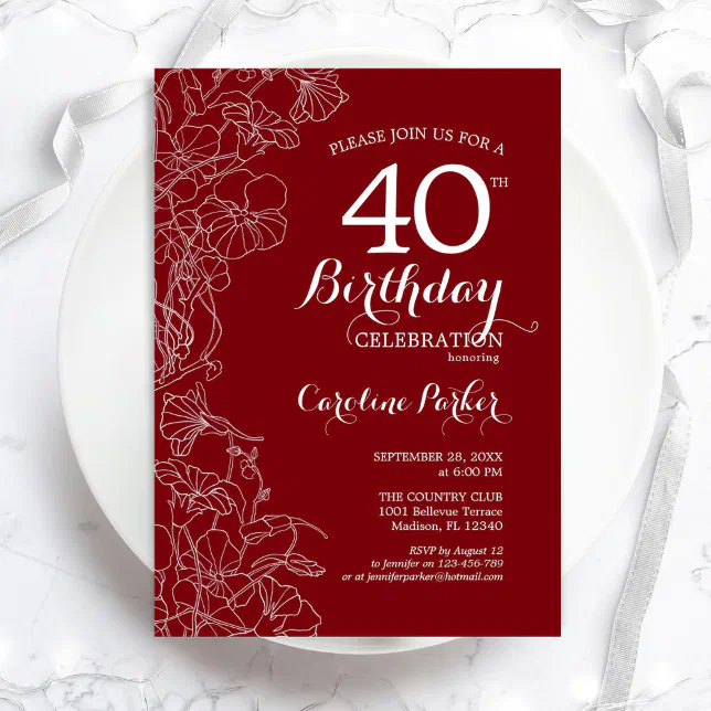 Red Floral 40th Birthday Party Invitation | Zazzle