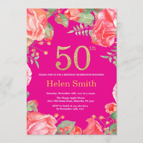 Red Floral 50th Birthday Gold Glitter and Hot Pink Invitation