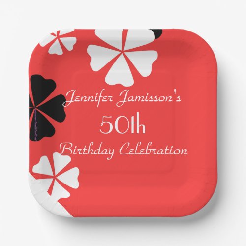 Red Floral 50th Birthday Party Simple Square Paper Plates