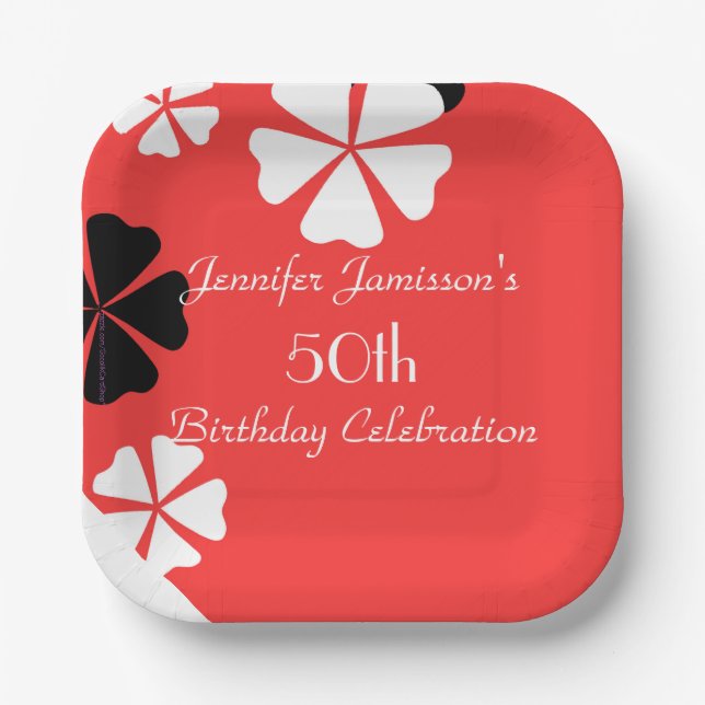 Red Floral 50th Birthday Party Simple Square Paper Plates (Front)