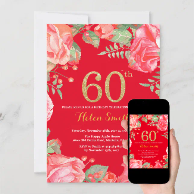 Red Floral 60th Birthday Gold Glitter and Red Invitation | Zazzle