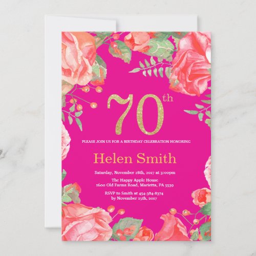 Red Floral 70th Birthday Gold Glitter and Hot Pink Invitation