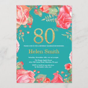 Red Floral 80th Birthday Gold Glitter and Teal Invitation