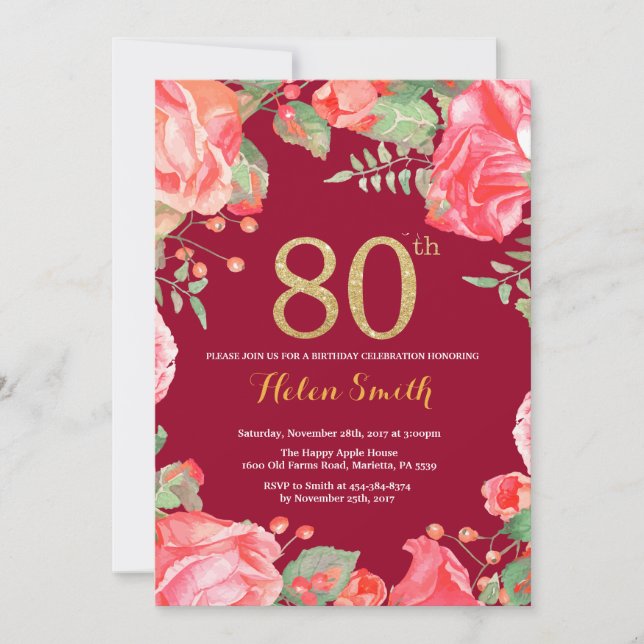 Red Floral 80th Birthday Gold Glitter Burgundy Red Invitation (Front)