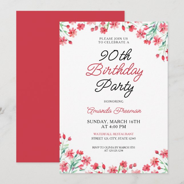 Red Floral 90th Birthday Celebration Invitation (Front/Back)