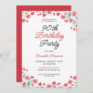 Red Floral 90th Birthday Celebration Invitation