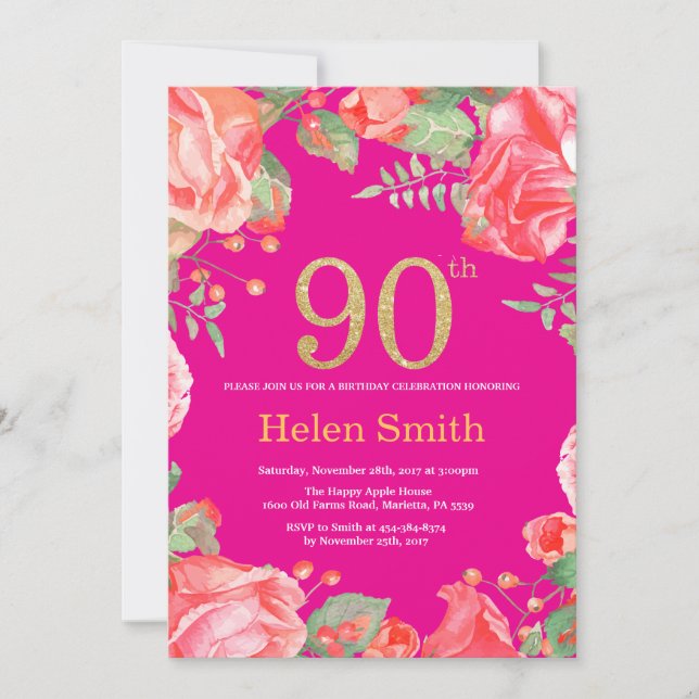 Red Floral 90th Birthday Gold Glitter and Hot Pink Invitation (Front)